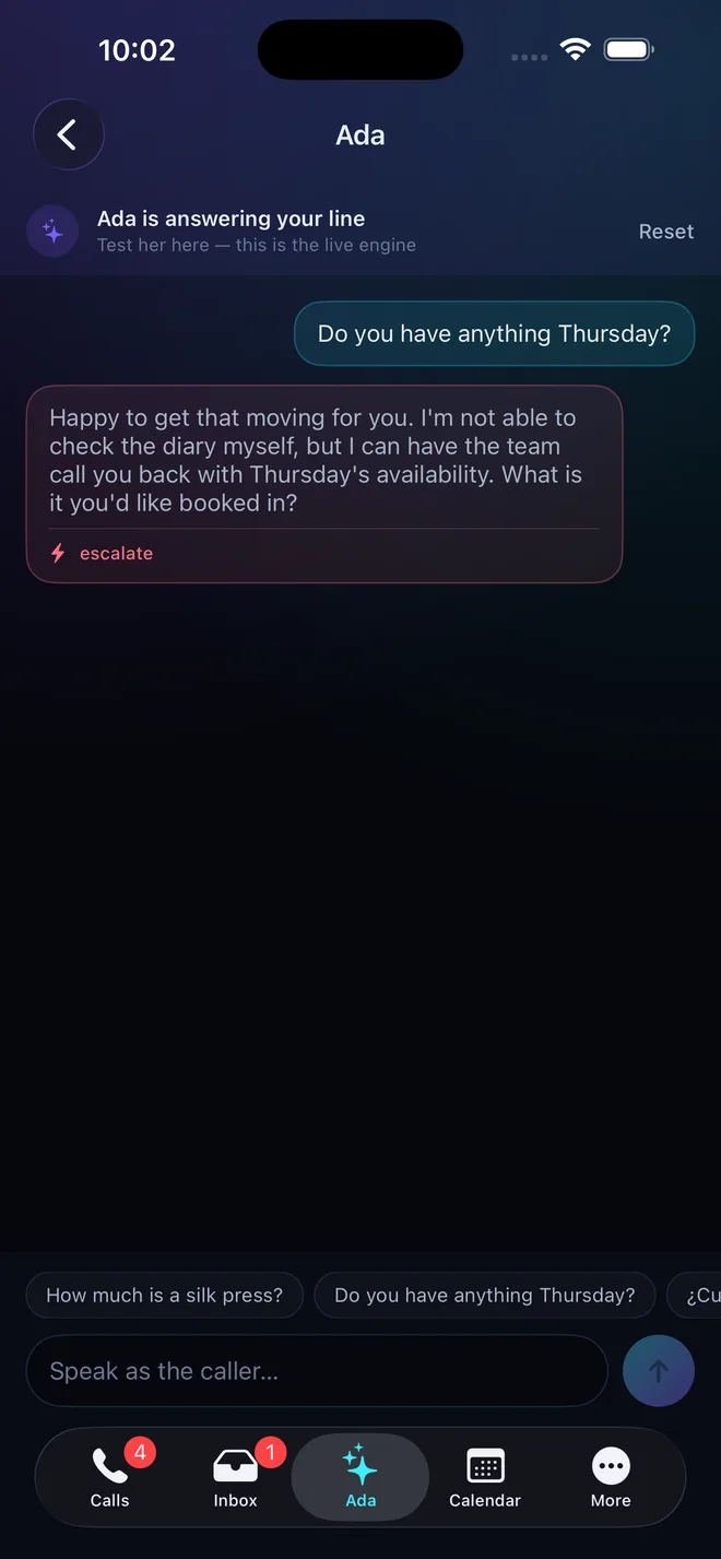 Testing Ada by chatting as a caller