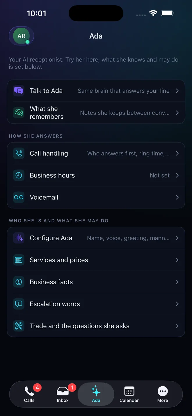 Ada settings: call handling, business hours, services and prices, business facts and the trade questions she asks
