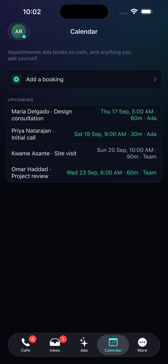 Calendar of upcoming appointments booked by Ada and the team