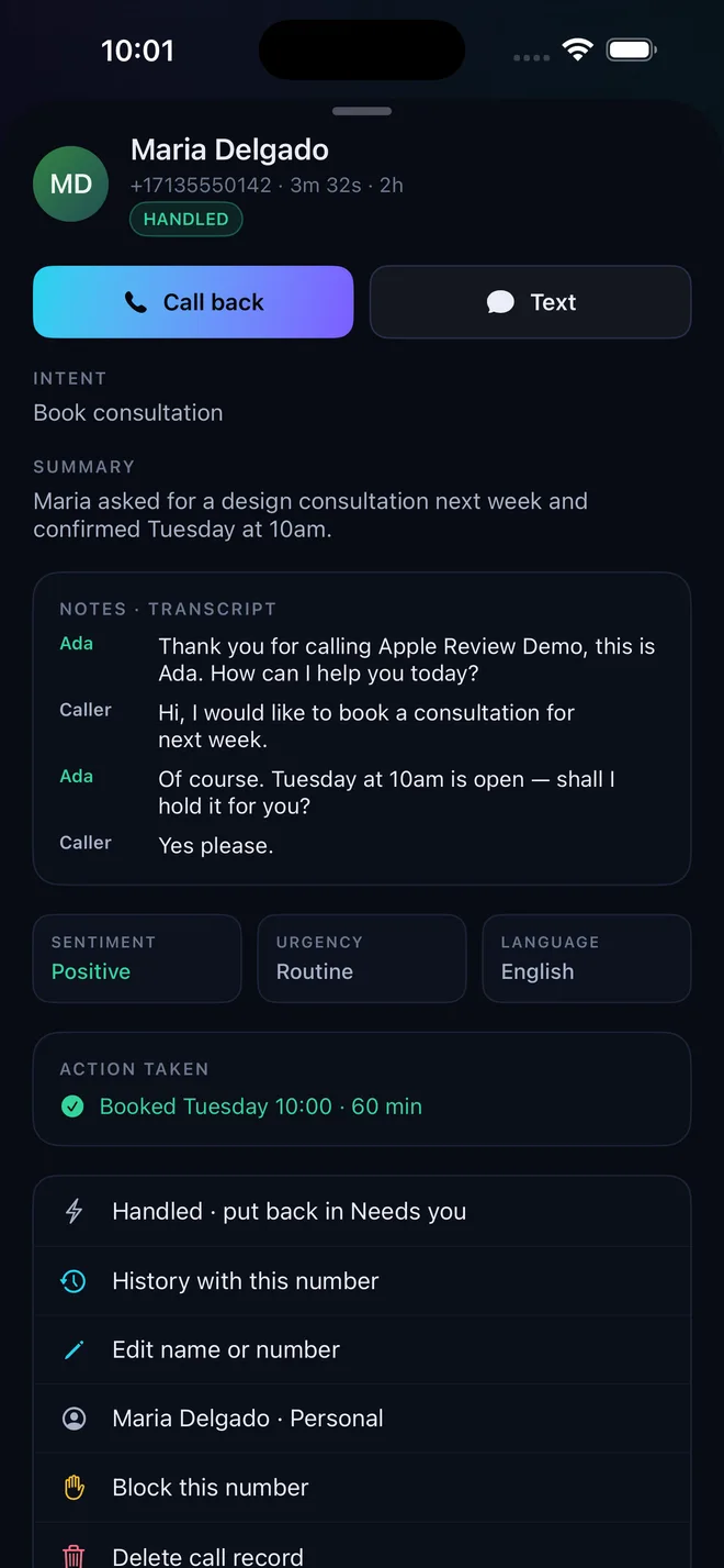 A call record showing the intent, summary, full transcript and the booking Ada made