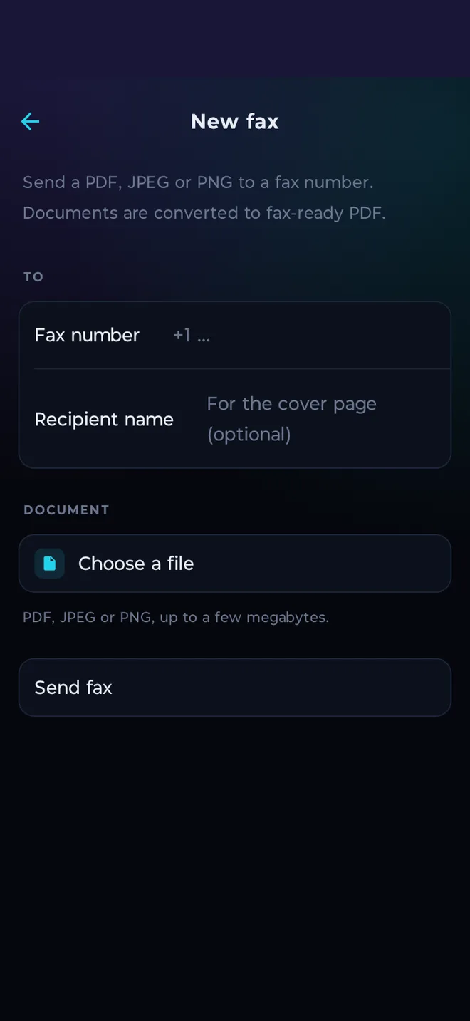 New fax screen with number, recipient and document picker