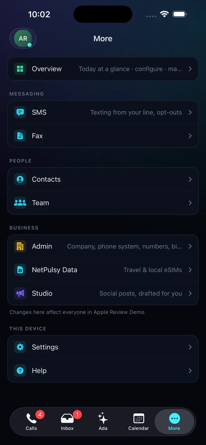 More menu: overview, SMS, fax, contacts, team, admin, NetPulsy Data and Studio
